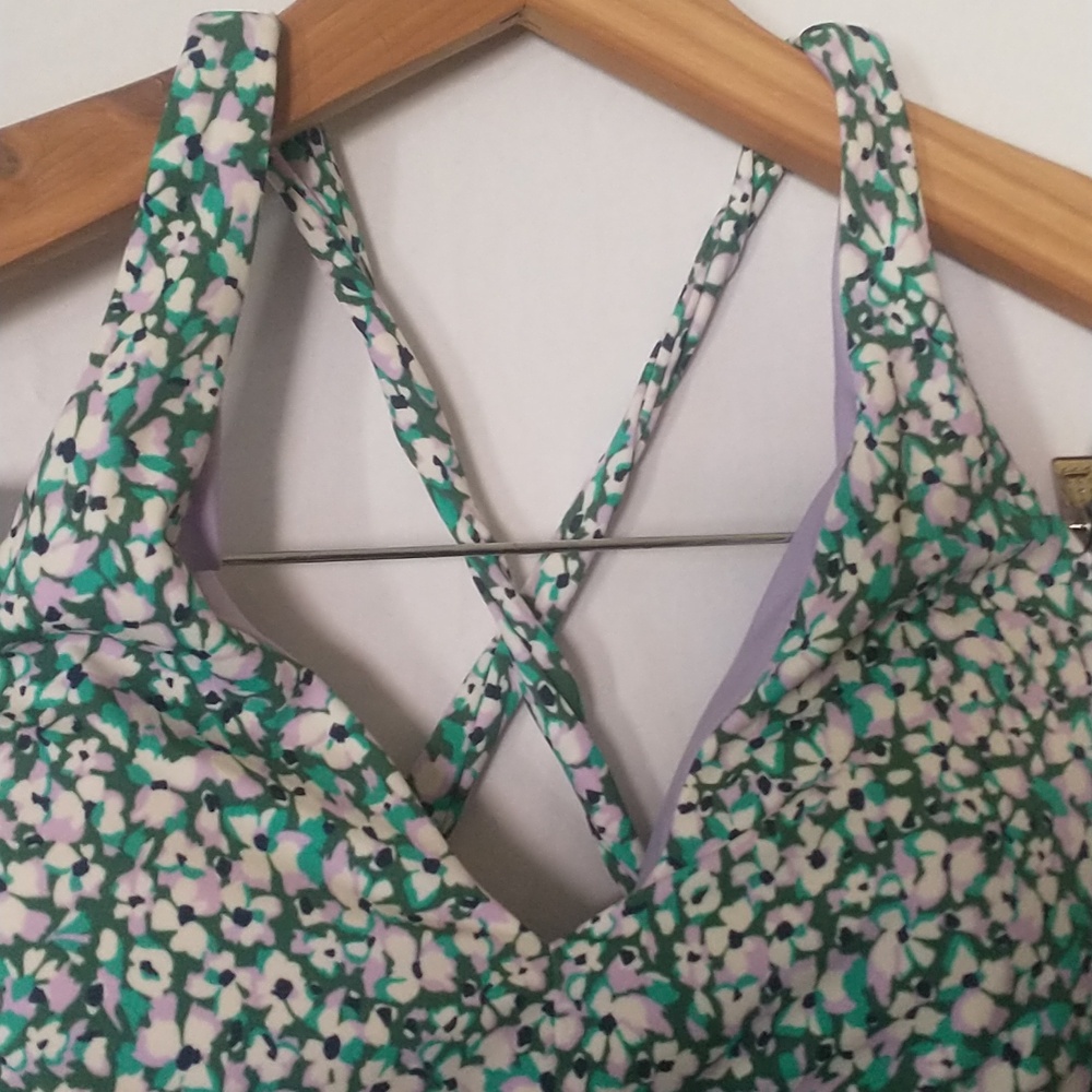 Athleta Swim Top Floral Cross-Back Crop Top in Green and Lavender Medium - Picture 3 of 4